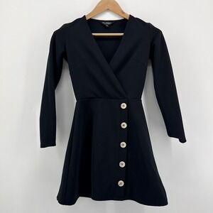 Miss Selfridge Black Ribbed Wrap Front Skater Mini Dress Long Sleeve Size 0